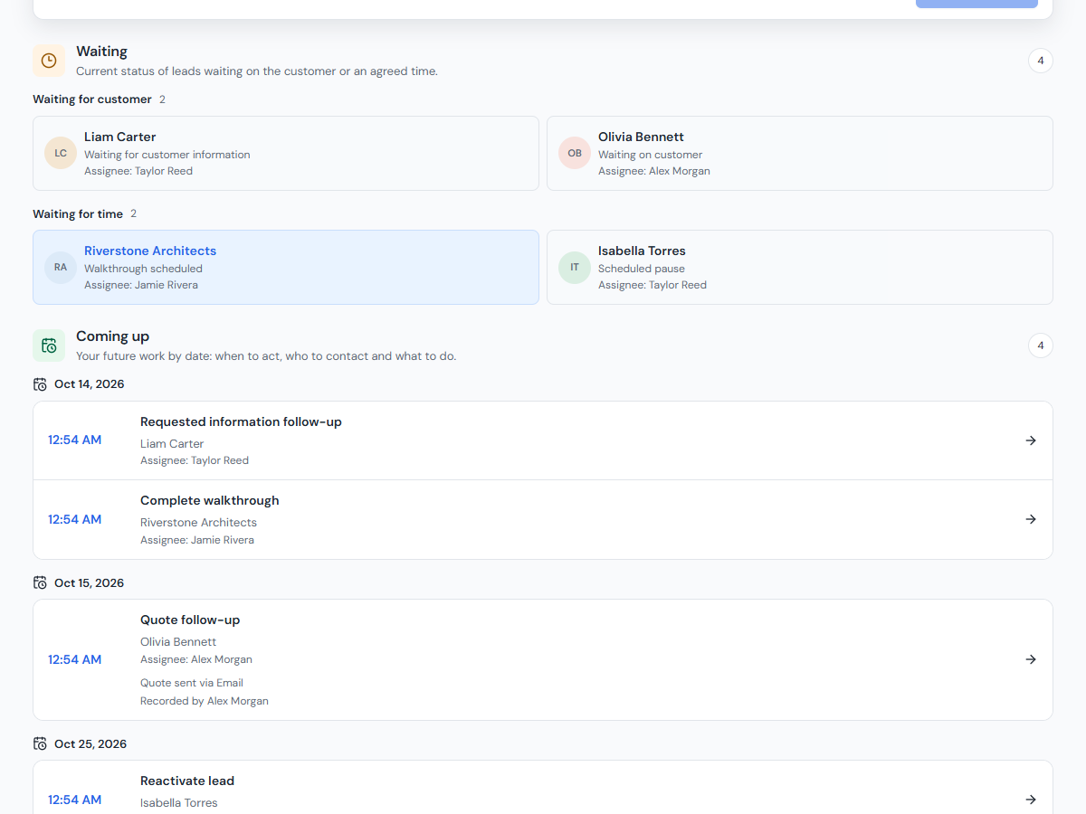 Waiting customers and upcoming follow-ups grouped by date in LeadBroom.
