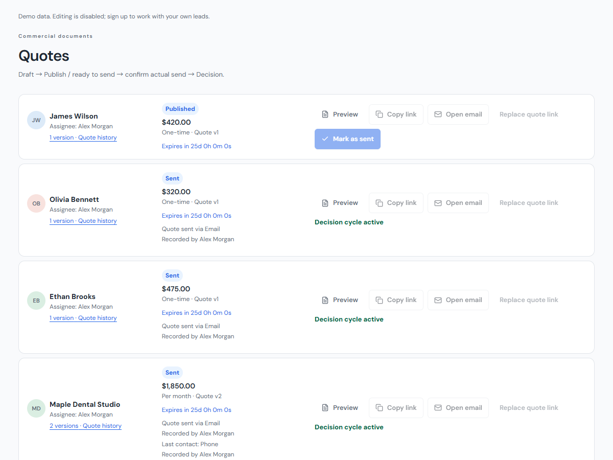 Cleaning quotes with versions, amounts and customer response status.
