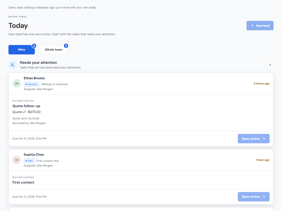 Today in LeadBroom: cleaning leads with their next follow-up, assigned team member and due date.